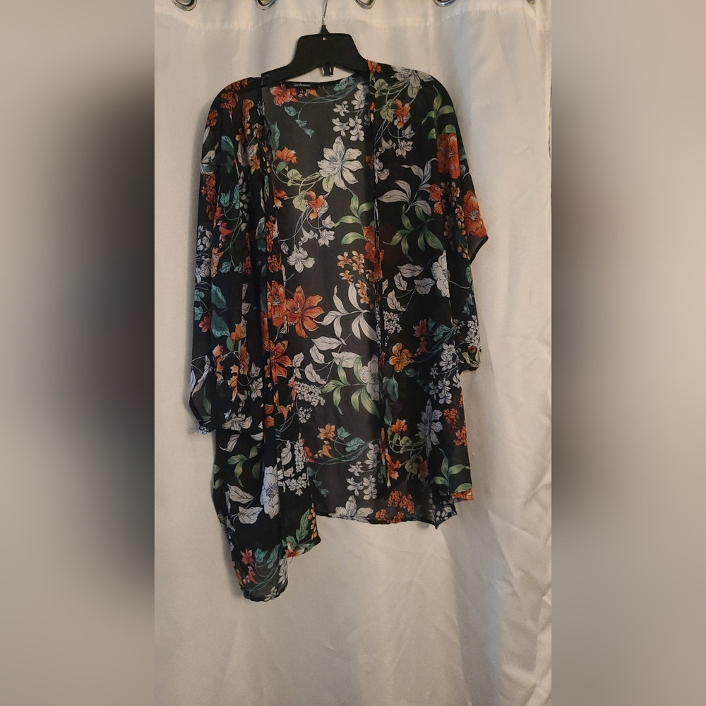 Floral Lightweight Sheer Kimono Cardigan - Black with Orange & White Floral